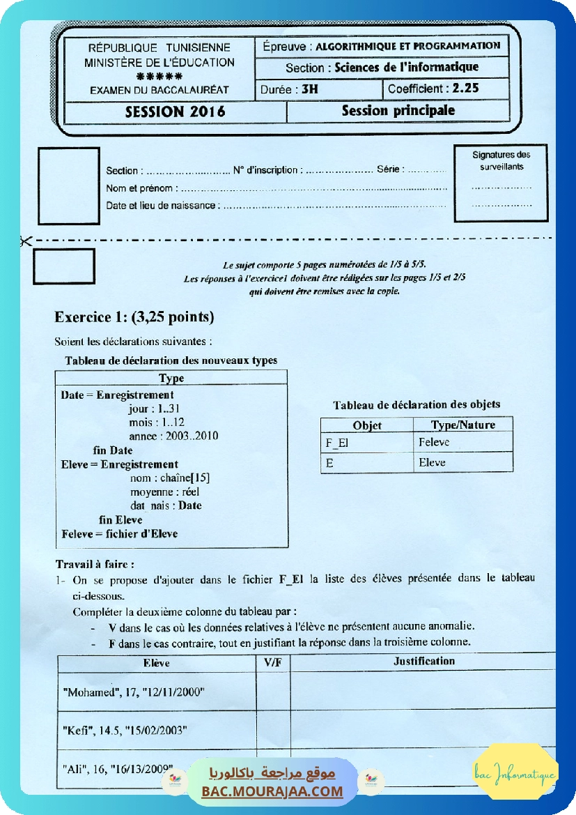Sujet principale algorithme Bac 2016 – Section info